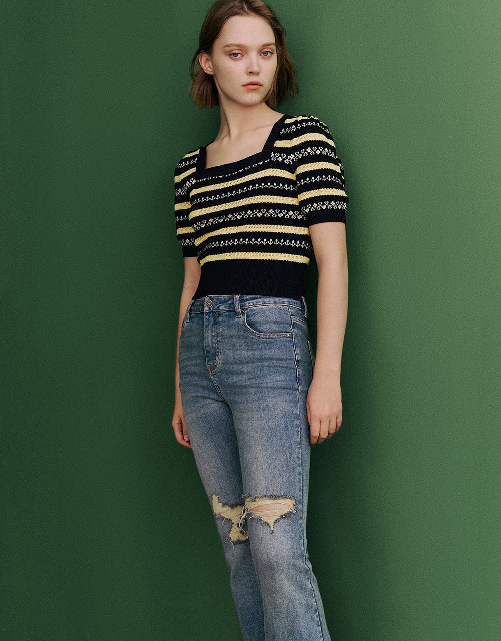 Square-cut Collar Knitted T-Shirt