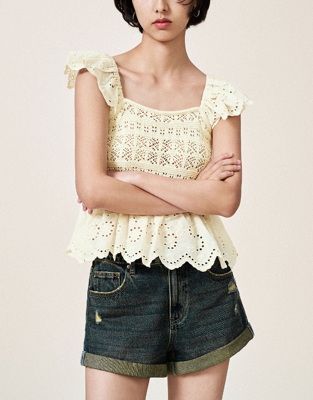 Crochet Square-cut Collar Knitted T-Shirt