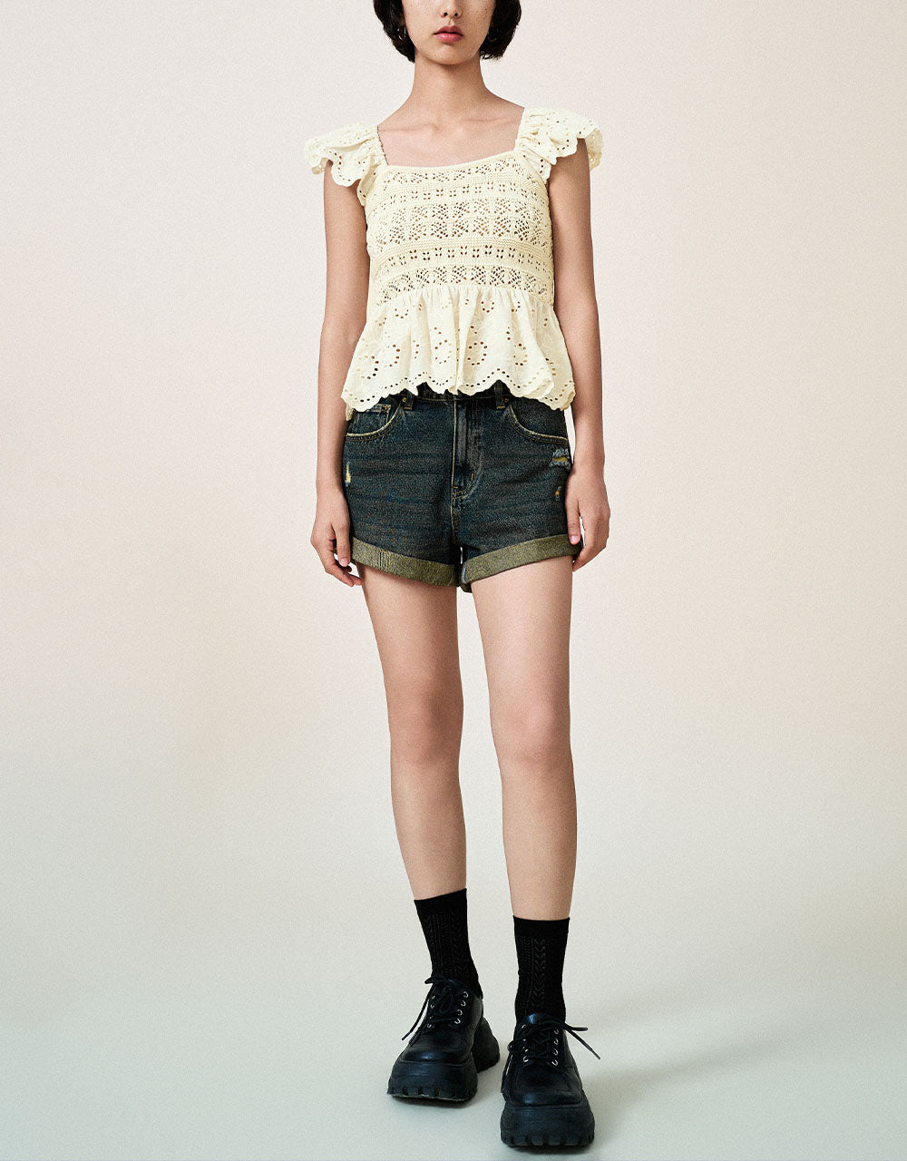 Crochet Square-cut Collar Knitted T-Shirt