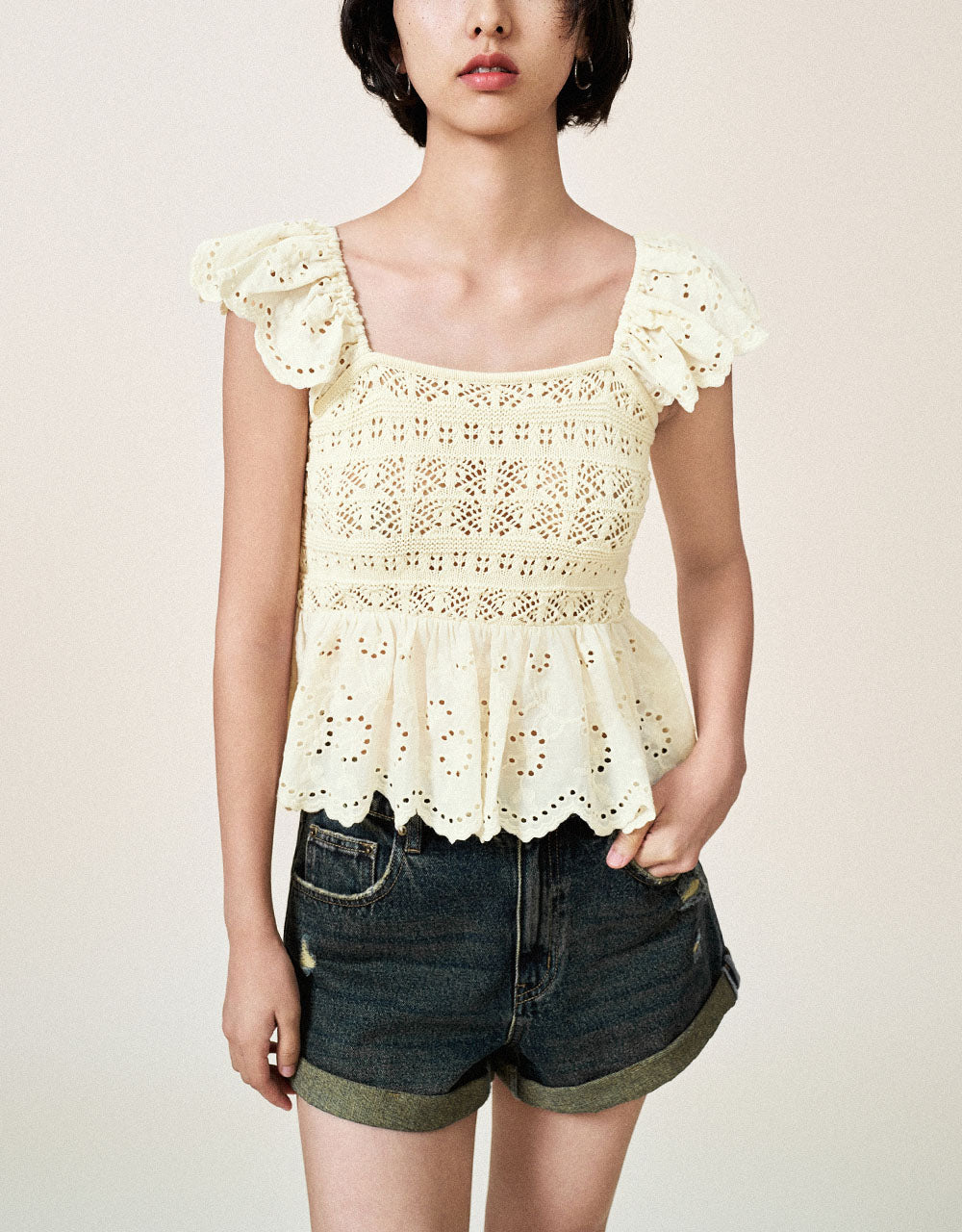 Crochet Square-cut Collar Knitted T-Shirt