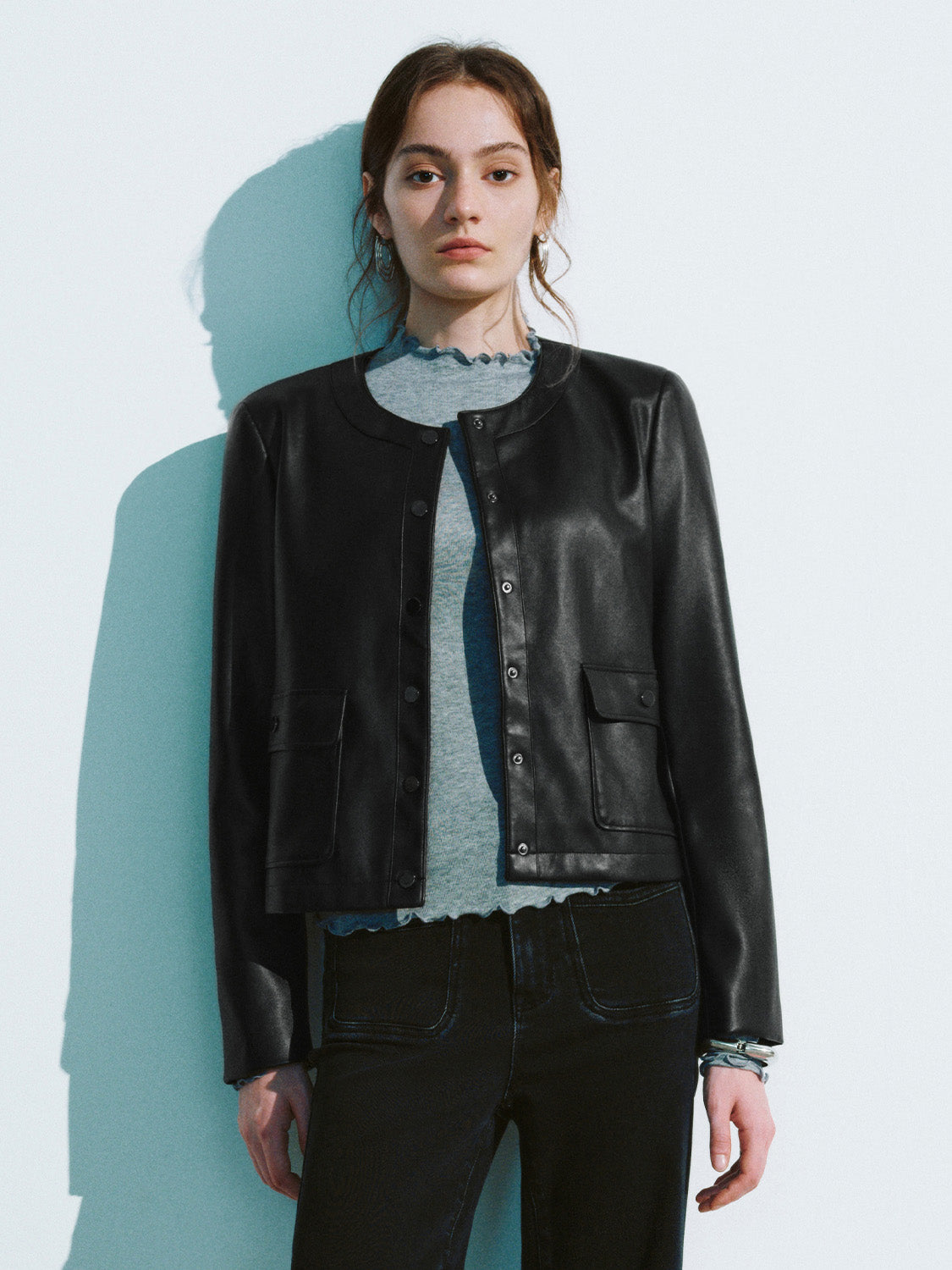 Crew Neck Vegan Leather Jacket