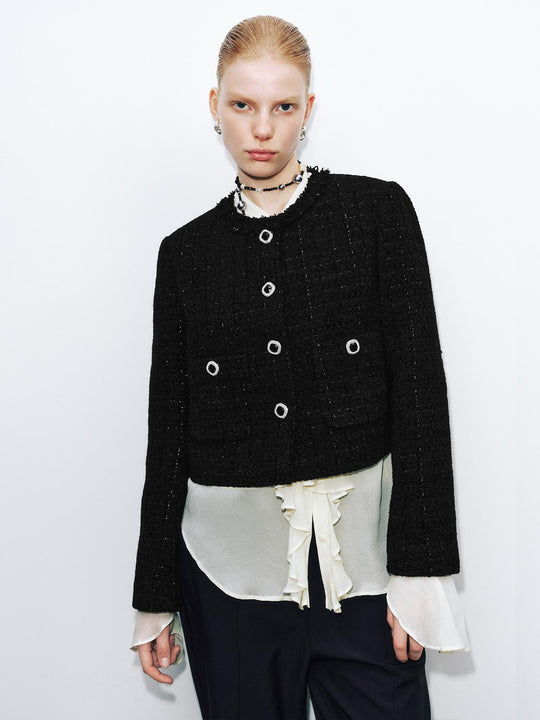 Button Up Crew Neck Tweed Jackets