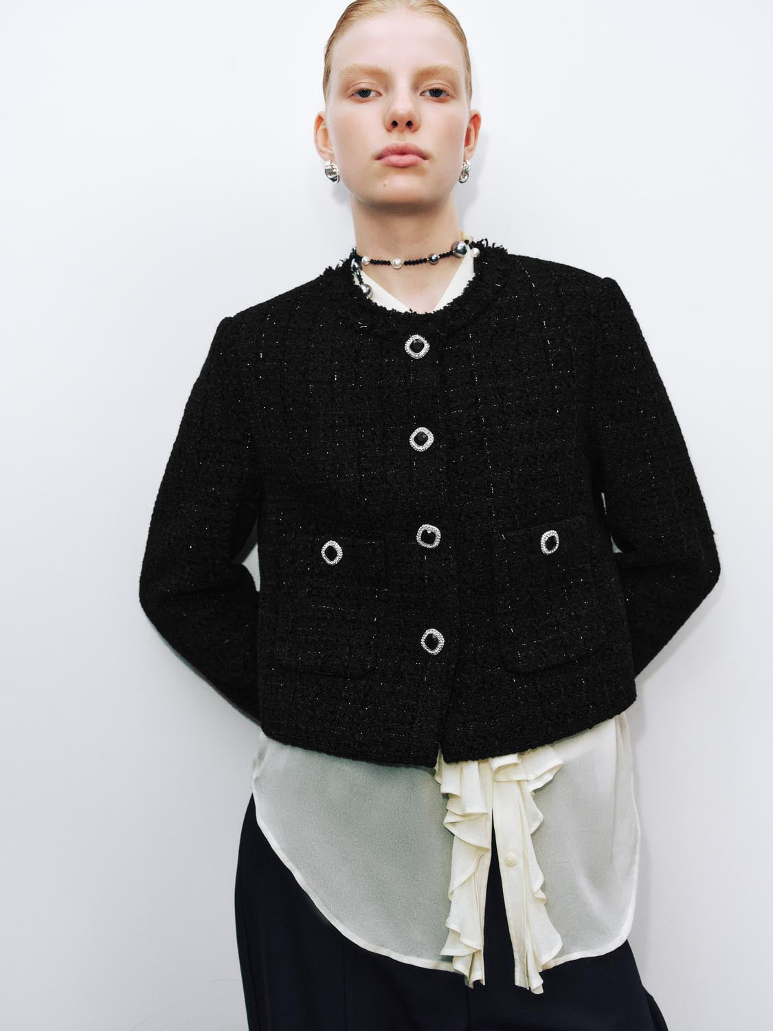 Button Up Crew Neck Tweed Jackets