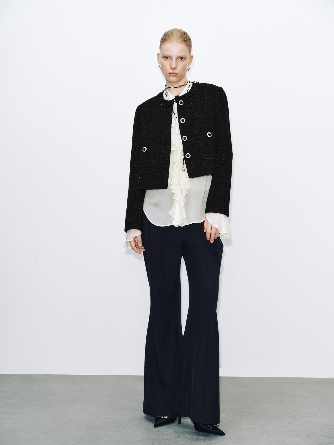 Button Up Crew Neck Tweed Jackets