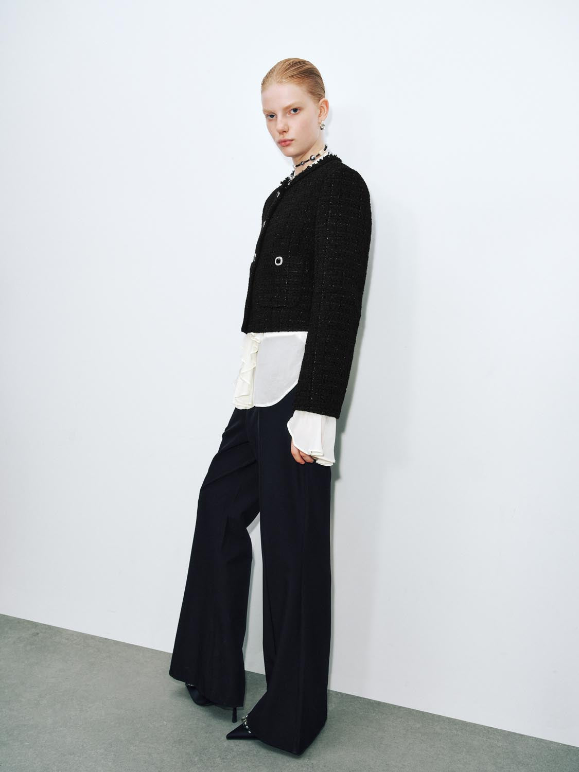 Button Up Crew Neck Tweed Jackets