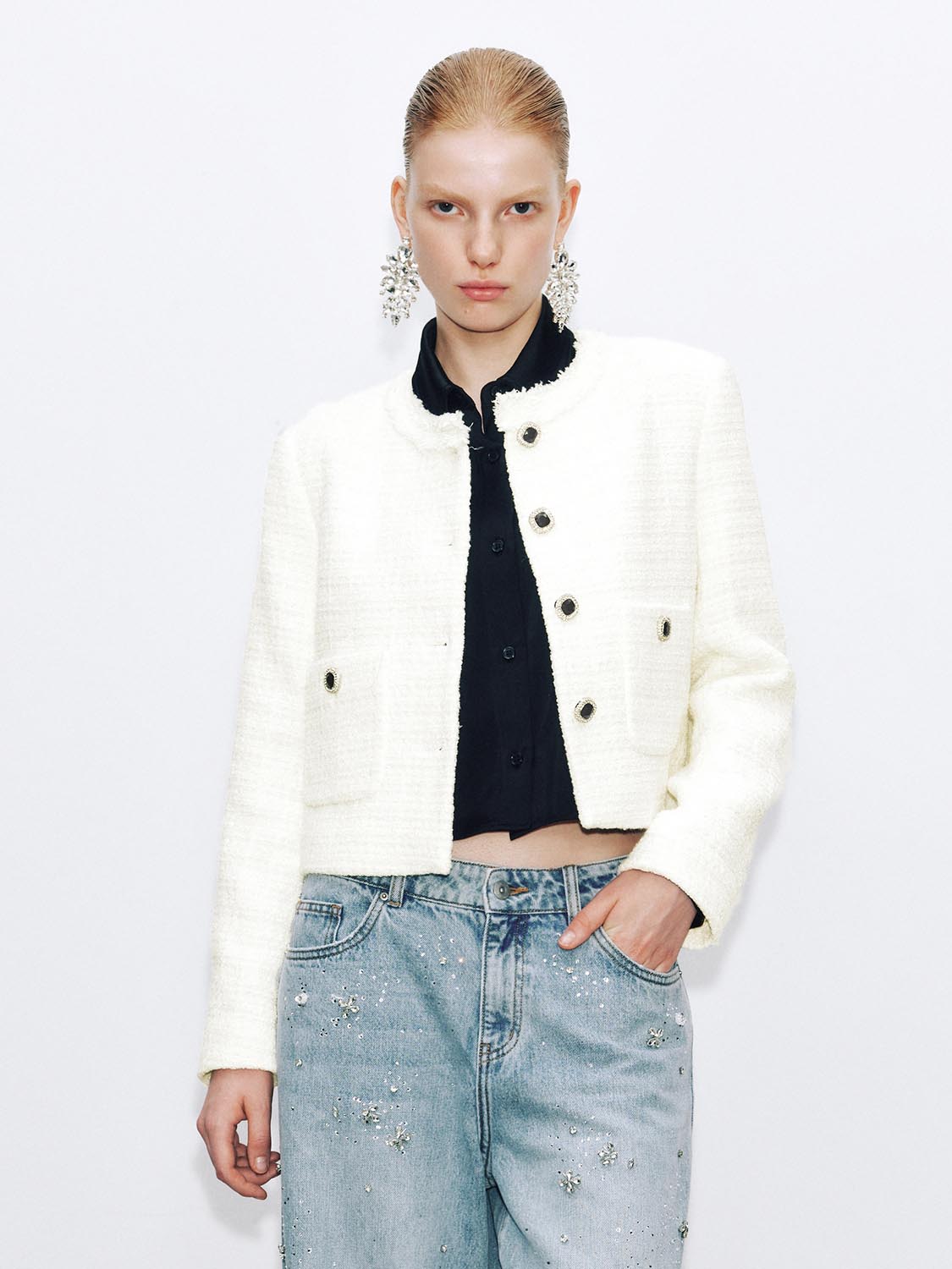 Button Up Crew Neck Tweed Jackets