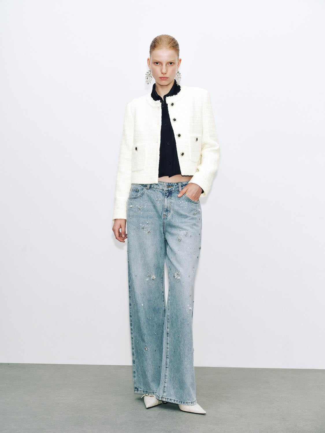 Button Up Crew Neck Tweed Jackets