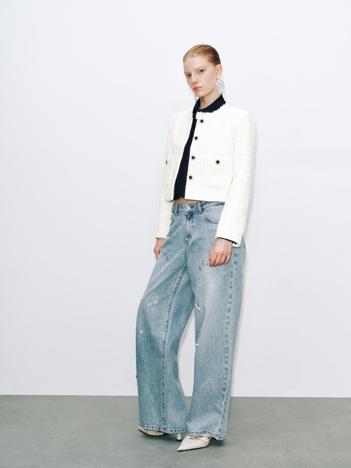 Button Up Crew Neck Tweed Jackets