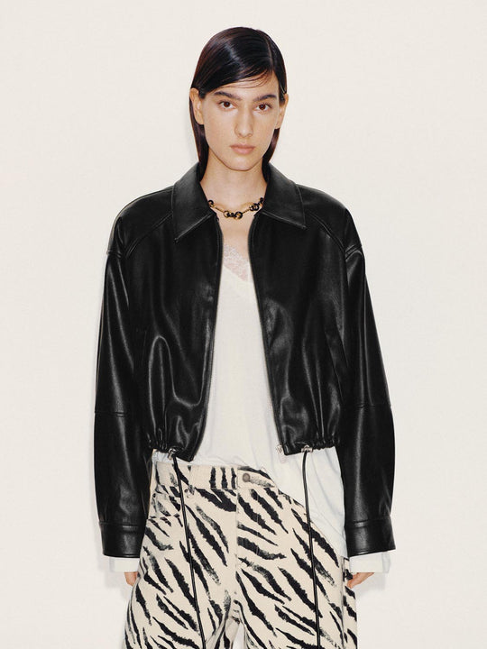 Faux Leather Collared Bomber Jackets