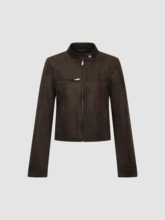 Textured Mock Neck Cropped Long Sleeve Jacket