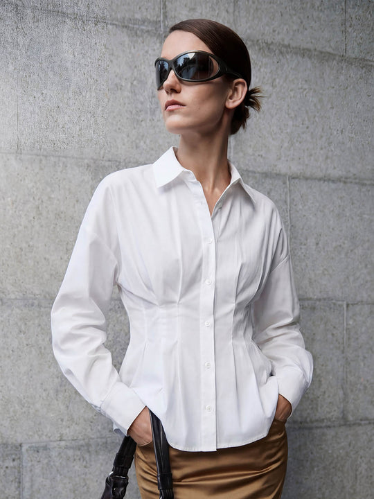 Pleated Nipped Waist Long Sleeve Cotton Shirt