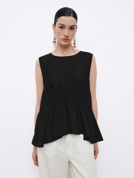 Linen Blend Crew Neck Shirring Detail Sleeveless Overhead Shirts