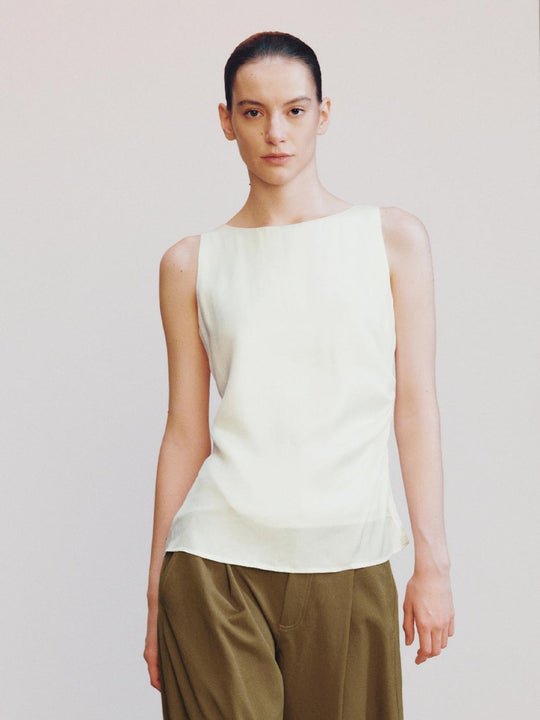 Boat Neck Sleeveless Nipped-Waist Overhead Shirts