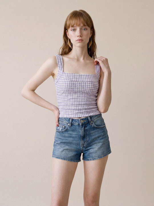 Gingham Square Neck Cropped Wide Strap Tank Top