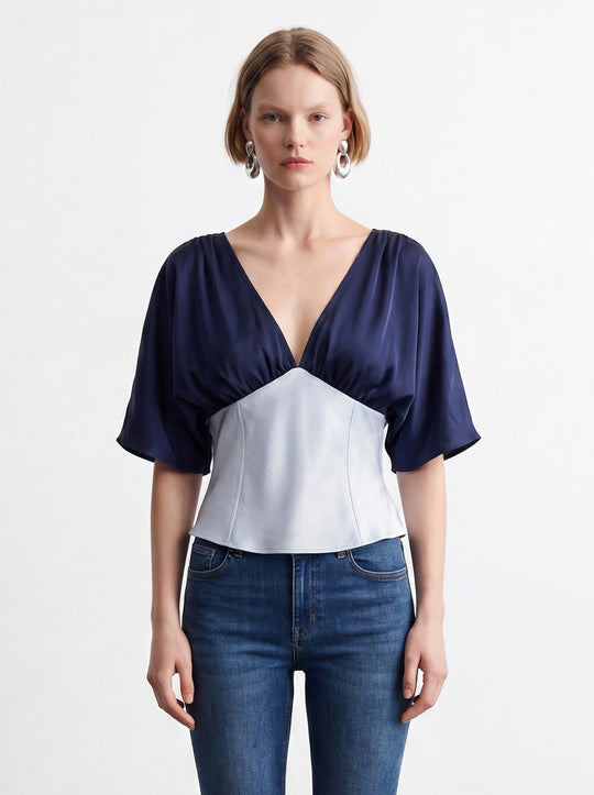 Slim Deep V Neck Color Block Gathered Bust Cropped Top