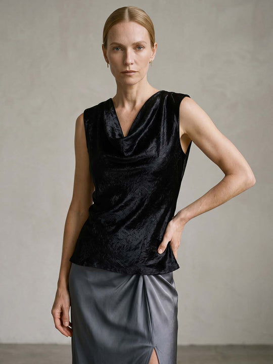Acetate Draped Neckline Sleeveless Lightweight Fluid Silhouette Shirt