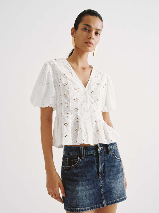 Cotton Eyelet Embroidered Puff Sleeve Blouse