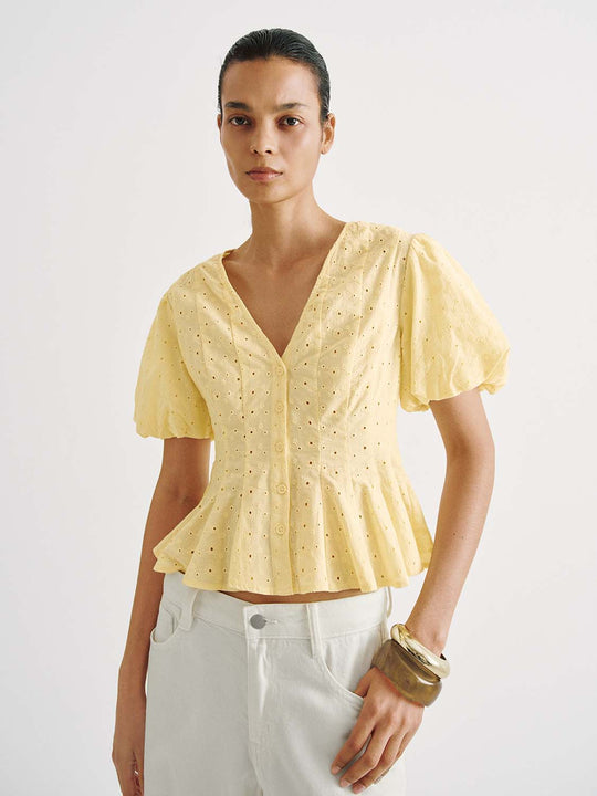 Cotton Eyelet Dotted Puff-Sleeve V-Neck Blouse