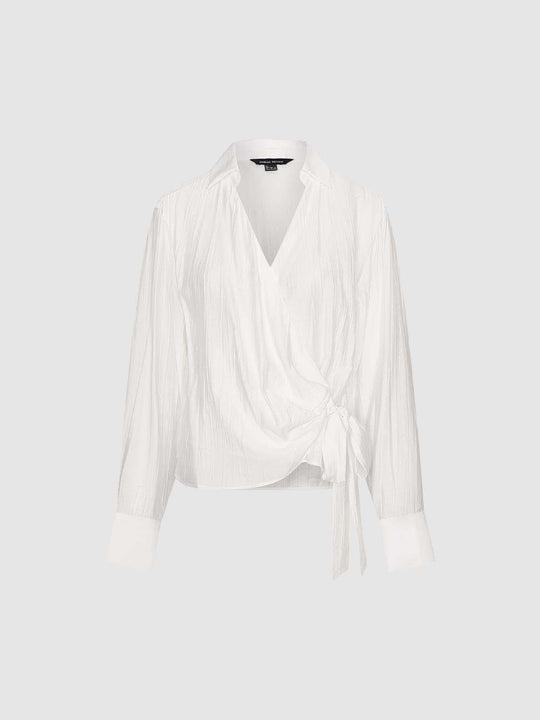 Wrap Front Tie Waist V-neck Long Sleeve Shirt