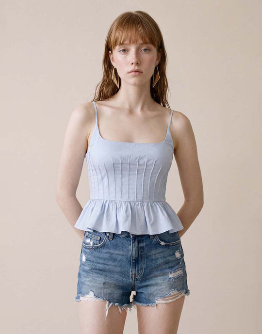 Ruched Peplum Square Neck Sleeveless Cotton Cami Top