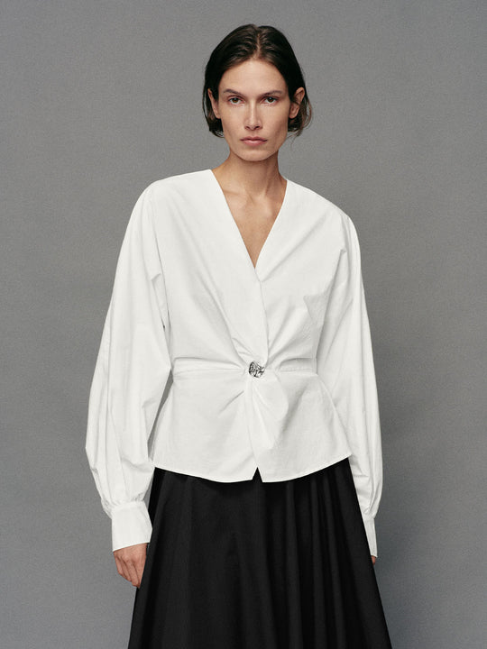 Twisted Front V-neck Long Sleeve Cotton Blouse