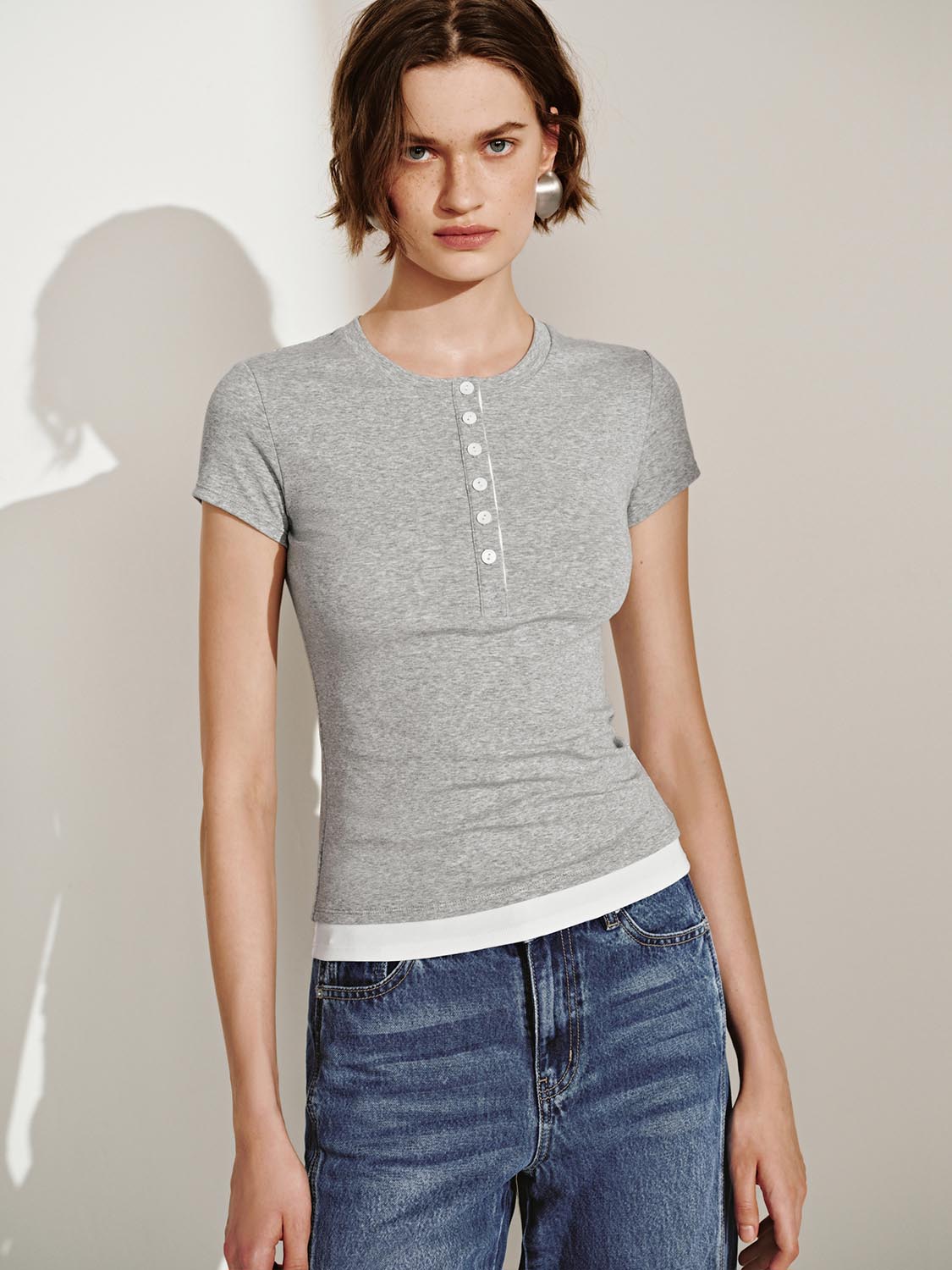 Button Half Placket Short Sleeve T-Shirts