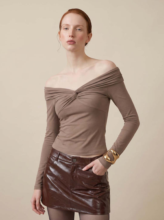 Off Shoulder Front Twist Knot Long Sleeve Slim Fit Top