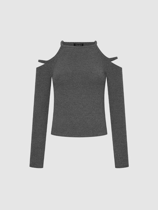 Halter Neck Cutout Shoulder Long Sleeve Fitted Crop Top