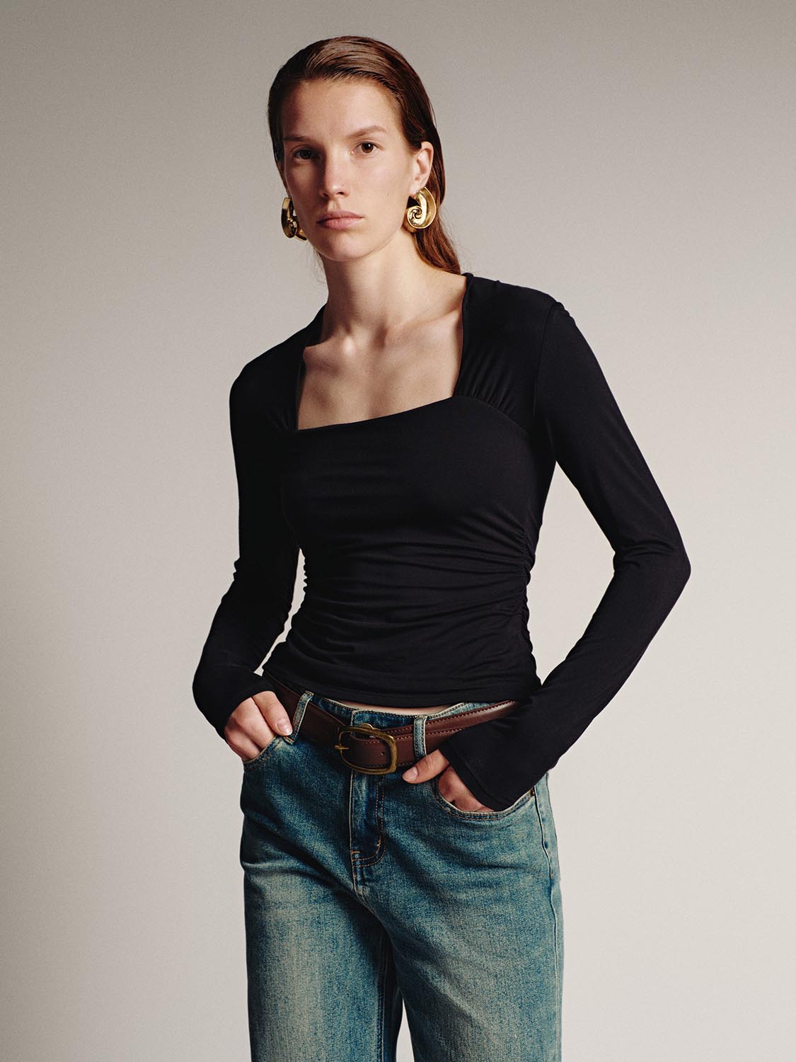 Skinny Ruched Long Sleeve T-Shirts