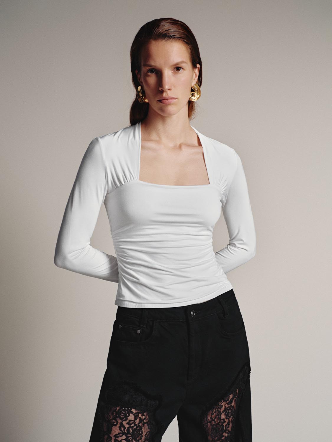 Skinny Ruched Long Sleeve T-Shirts