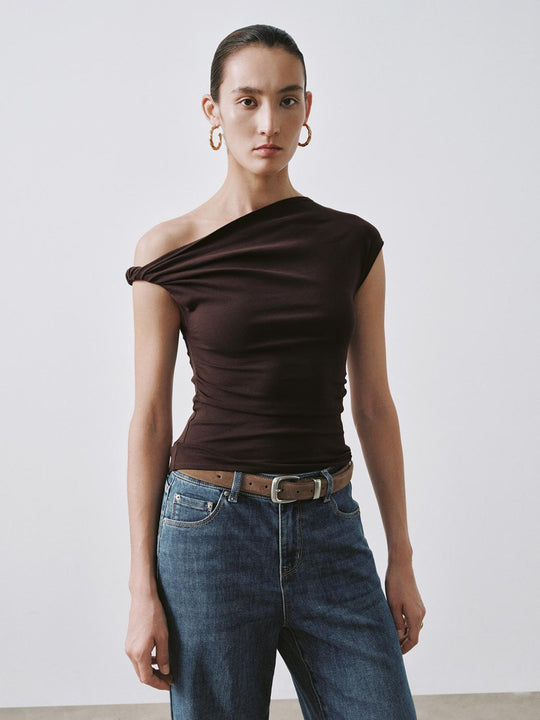 One Shoulder Ruched Capped Sleeve T-Shirts