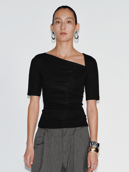 Asymmetric Neck Ruched Skinny Fit T-Shirts