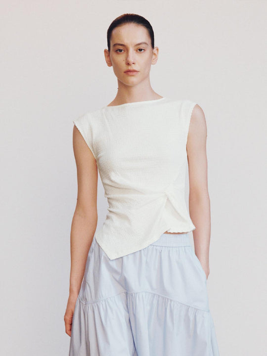 Asymmetric Front-Knot Cap Sleeve Boat Neck T-Shirts