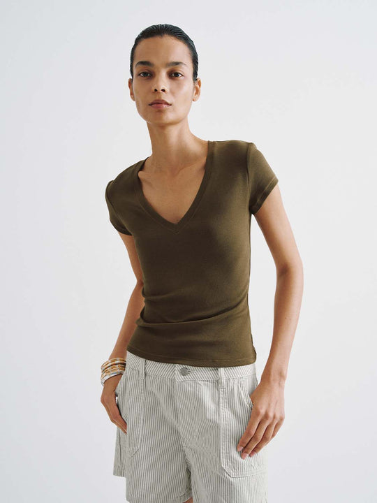 Cotton Fine Gauge Textured Knit V-Neck With Medium Thickness And Slight Stretch T-Shirts