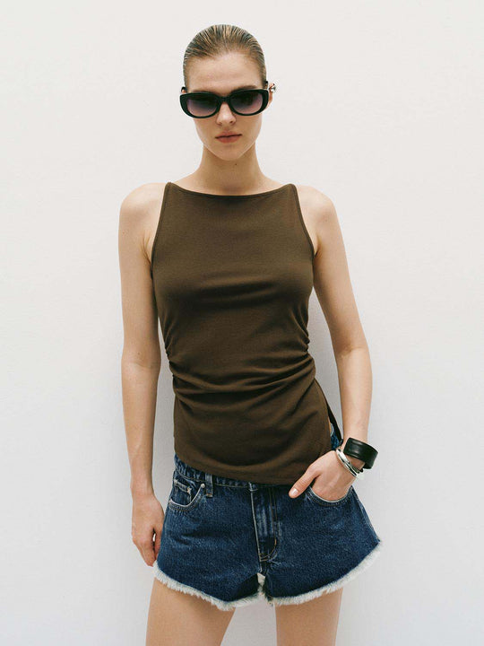 Slim Boat Neck Sleeveless Side Ruched Tank Top