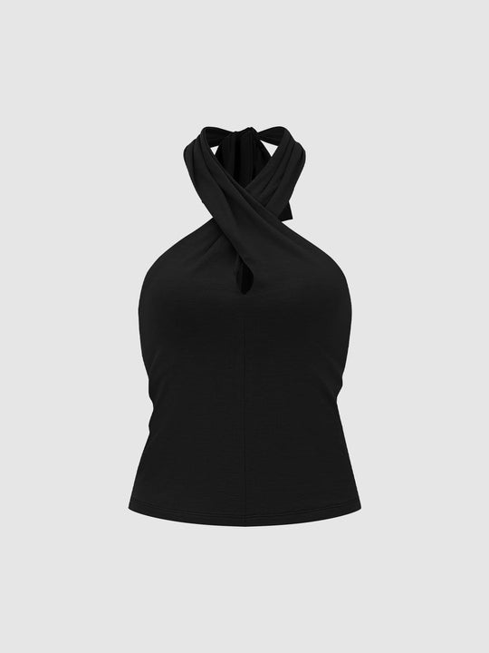 Slim Twist Halter Keyhole Cutout Cropped Sleeveless Top