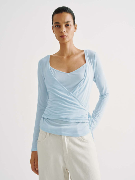 Wrap Front Ruched V-neck Long Sleeve T-shirt
