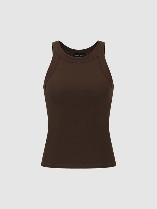 Ribbed Seam Detail Crew Neck Cropped Racerback Tank Top
