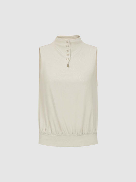 Mock Neck Sleeveless Buttoned Tank Top