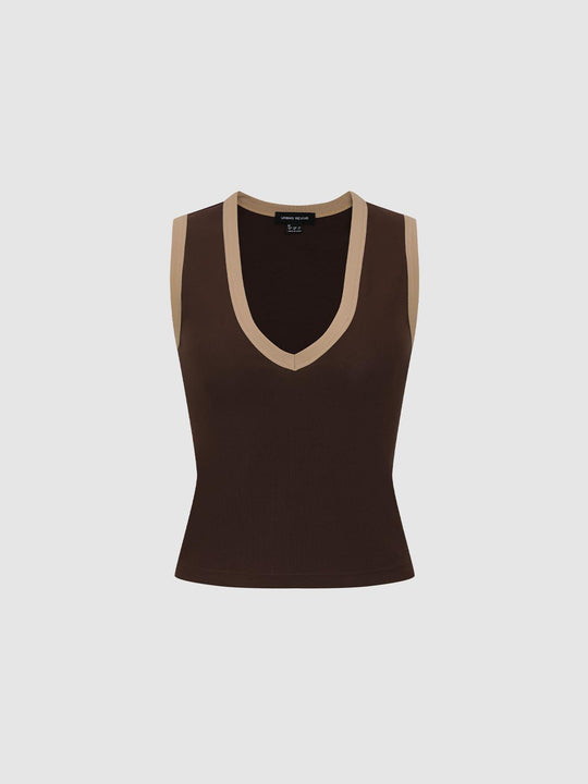 Two-tone V-neck Beige Trim Cotton Tank Top