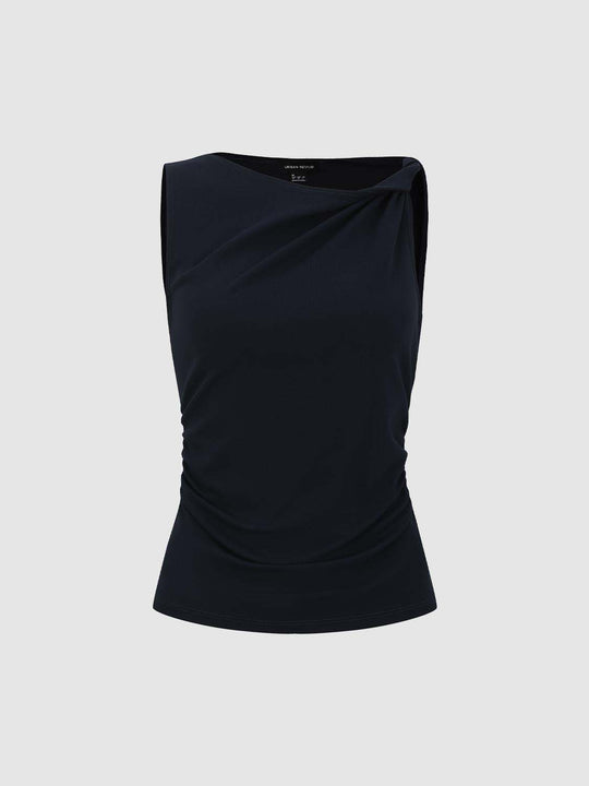 Draped Cowl Neck Ruched Waist Sleeveless Fitted Top