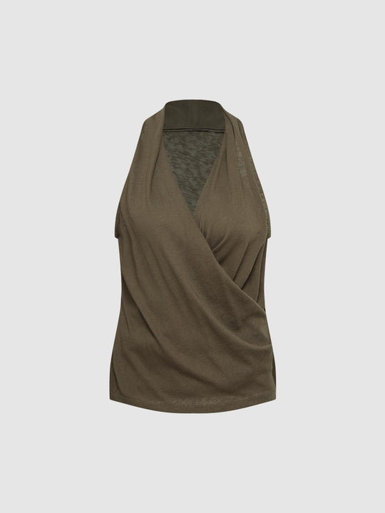 Draped Wrap Front Sleeveless Cotton Blend Tank Top