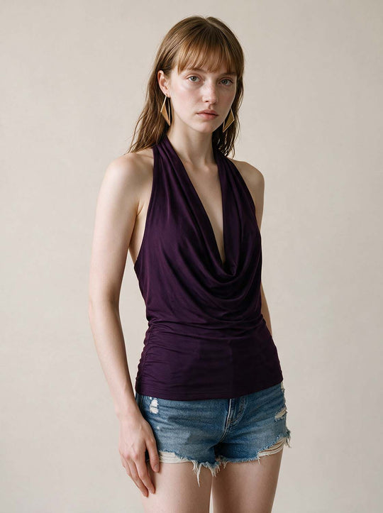 Ruched Draped Fitted Deep V-neck Sleeveless Tank Top