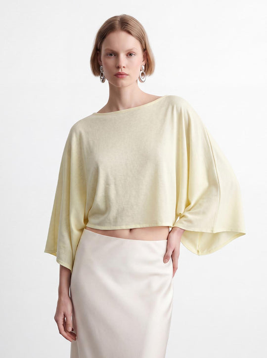 Cropped Draped Boat Neck Long Sleeve Cotton Blend T-Shirt