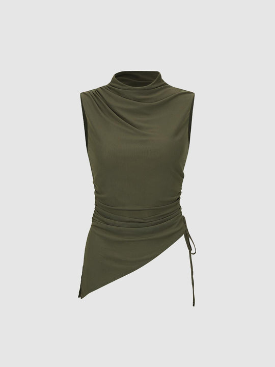 Mock Neck Draped Wrap Waist Tie Tank Top