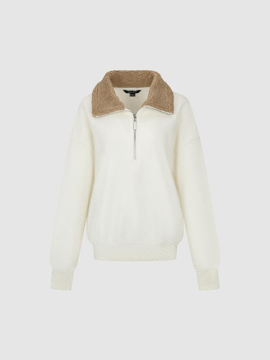 Faux Fur Collar Half Zip Ribbed Long Sleeve Sweatshirt