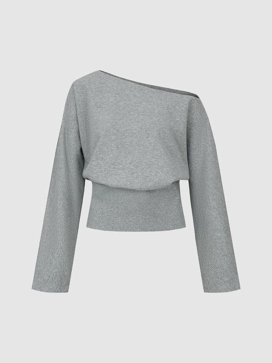 Asymmetric Long Sleeve Ribbed Cotton Blend Crop Top