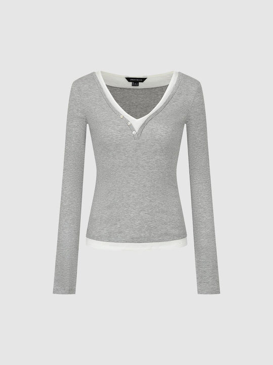 Layered Button Front V-neck Fitted Long Sleeve T-Shirt