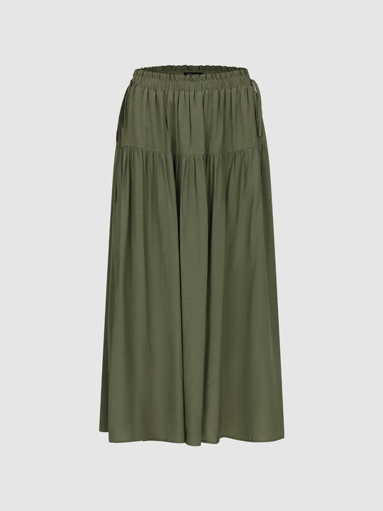 Seamed Shirring Detail Pull On A-Line Midi Skirts