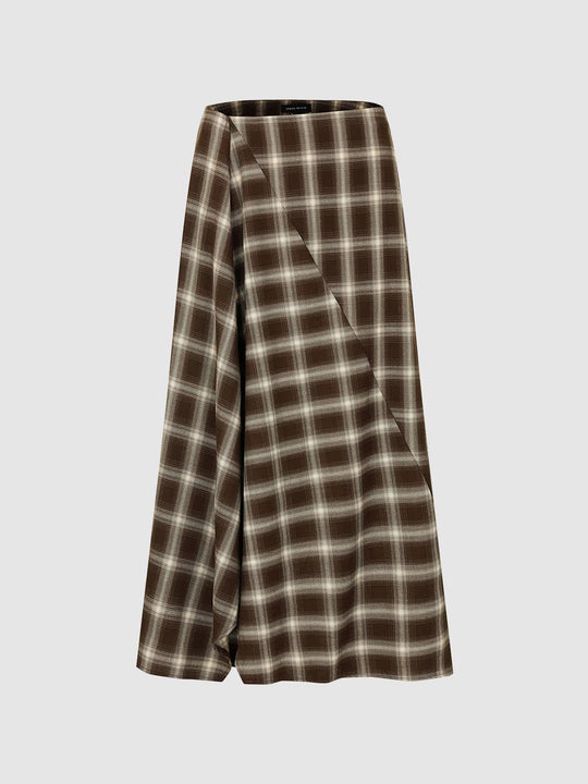 Contrast Check Asymmetric A-Line Midi Skirts